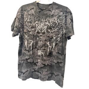Affliction Primal Tech Lava Wash Camo Tshirt Lrg Gothic Chain Skull Death Eyes